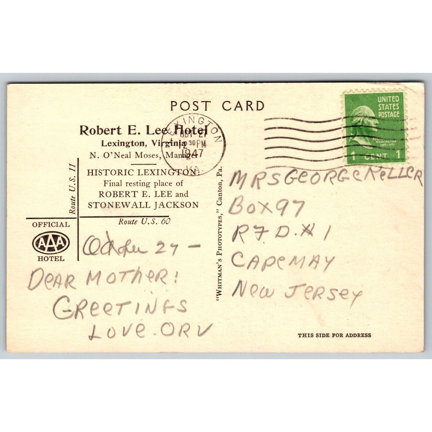 Robert E Lee Hotel Lexington, VA Advertising Postcard PM 1947 VGC