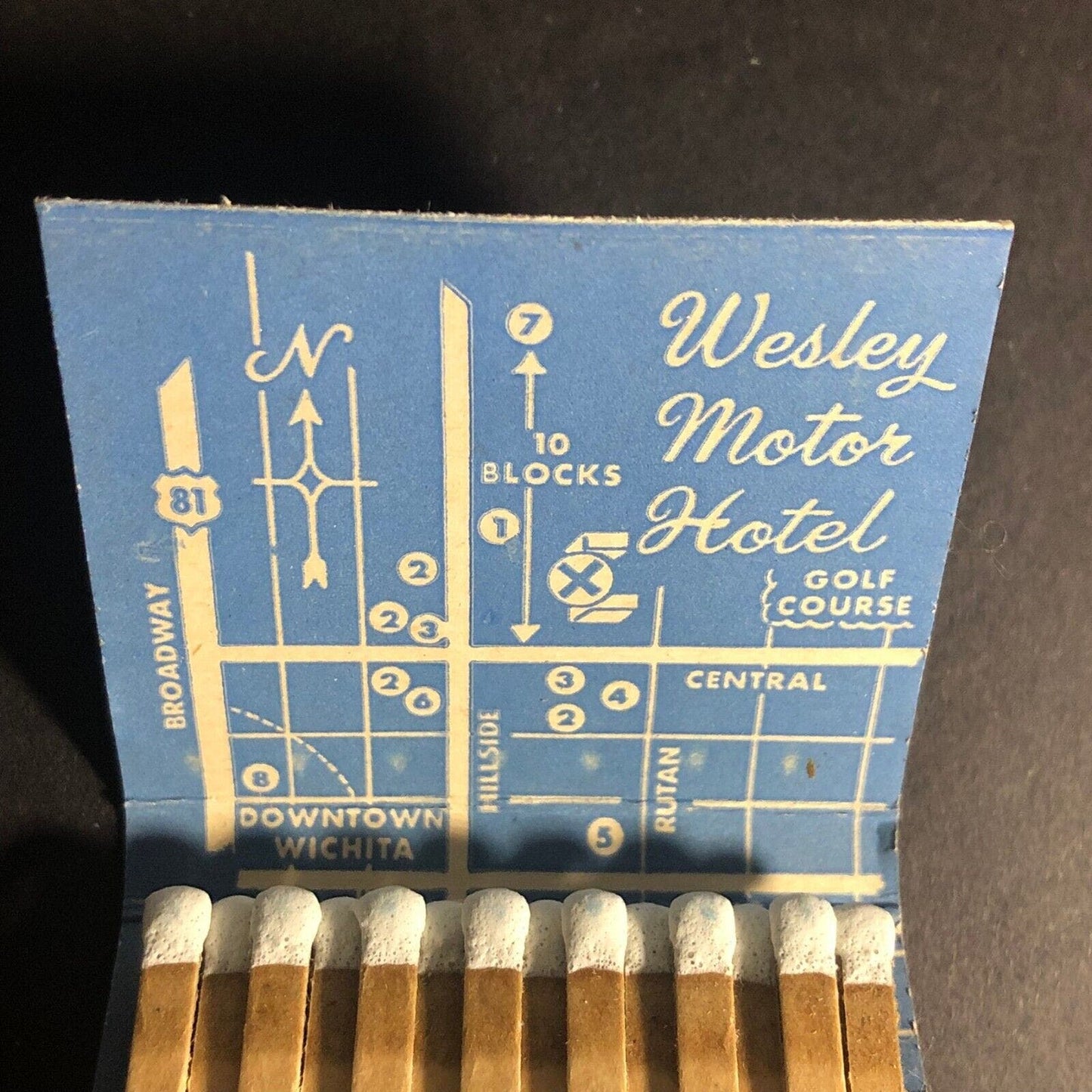 Wesley Motor Hotel Wichita 28-Strike Full Matchbook c1940's-50's Scarce w/ Map