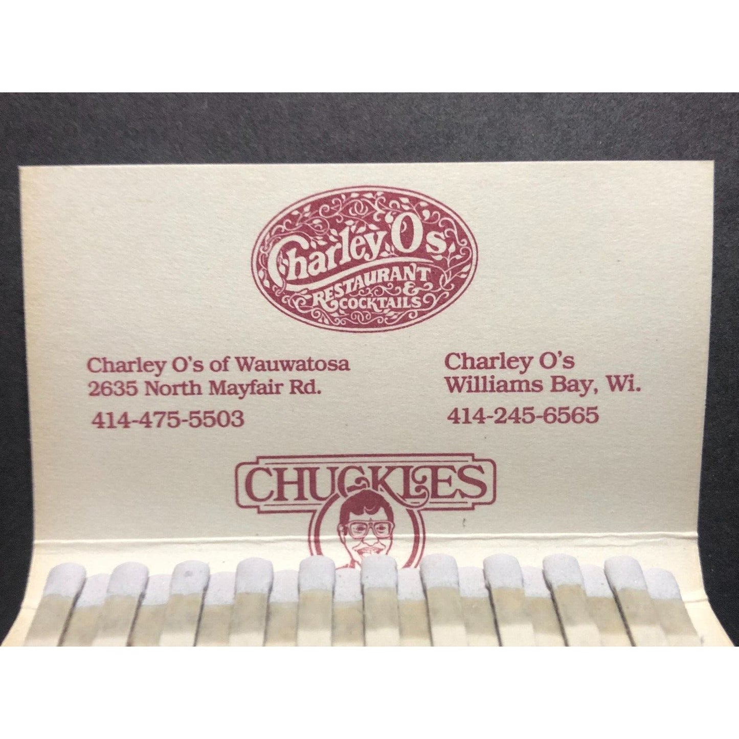 Wauwatosa Charlie O's Restaurant Full Matchbook c1980's-90's VGC Scarce