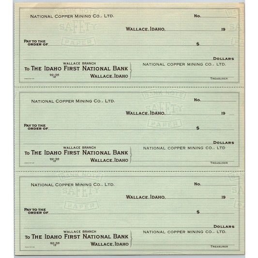National Copper Mining Company Wallace, Idaho - Bank Check Sheet c1930's-40's