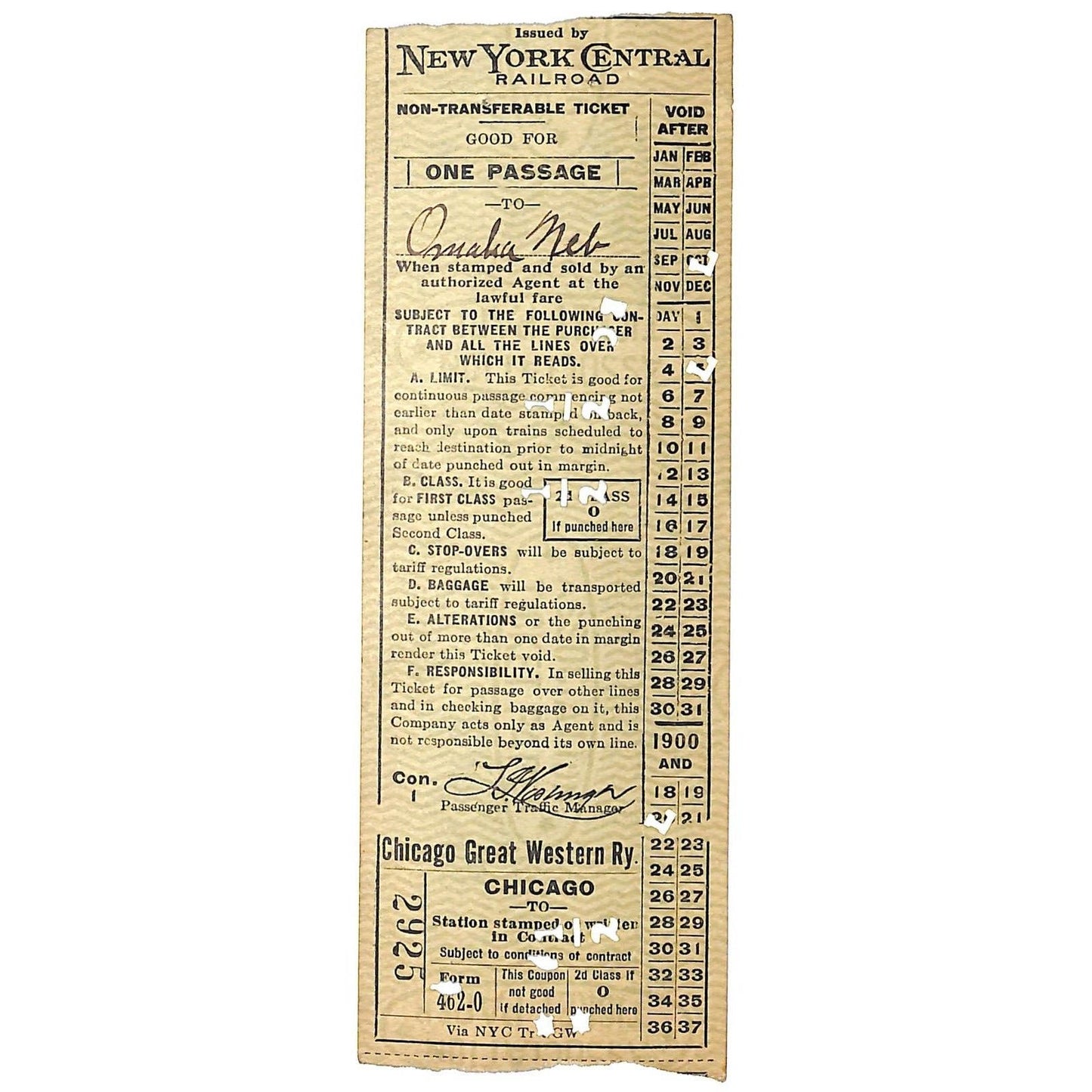 Chicago Great Western / New York Central Railroad Ticket 1920 Omaha, NE