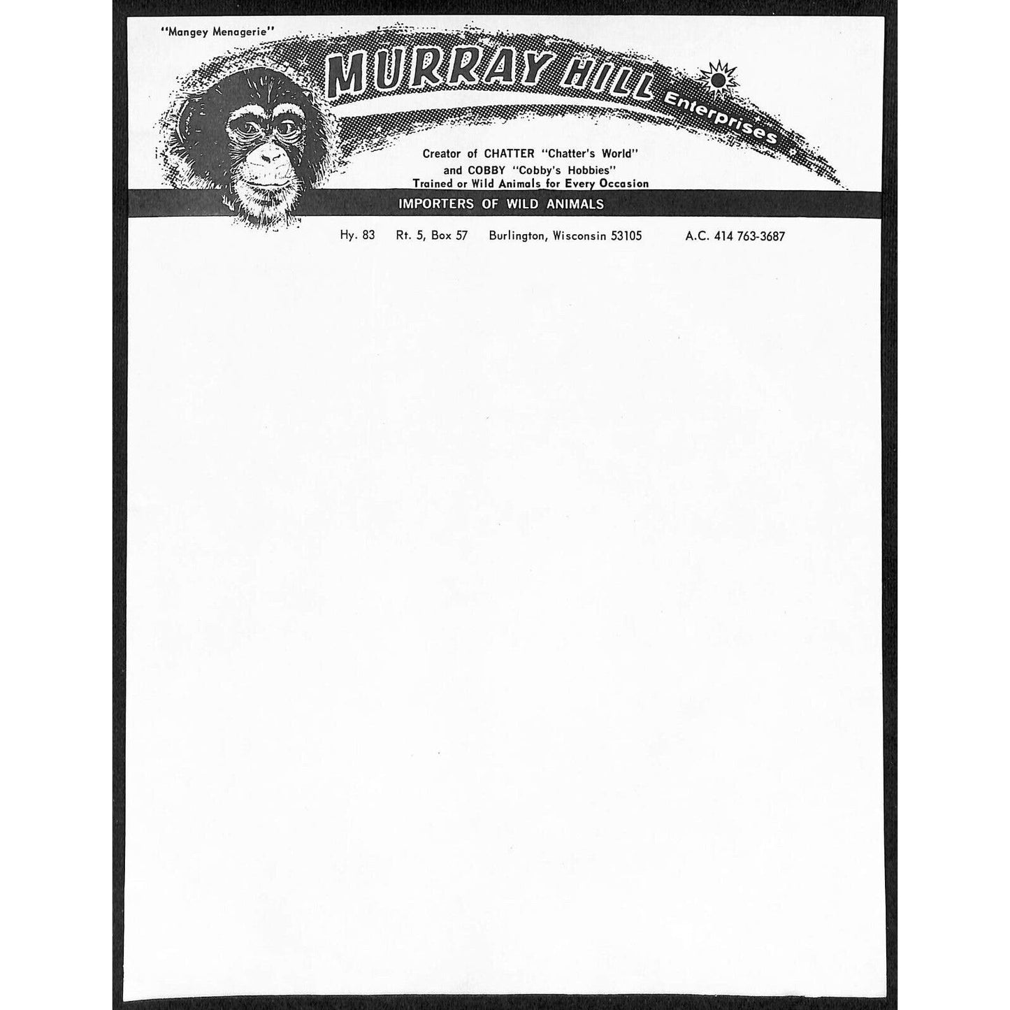 Murray Hill Enterprises Circus Letterhead Importers of Wild Animals c1963-69