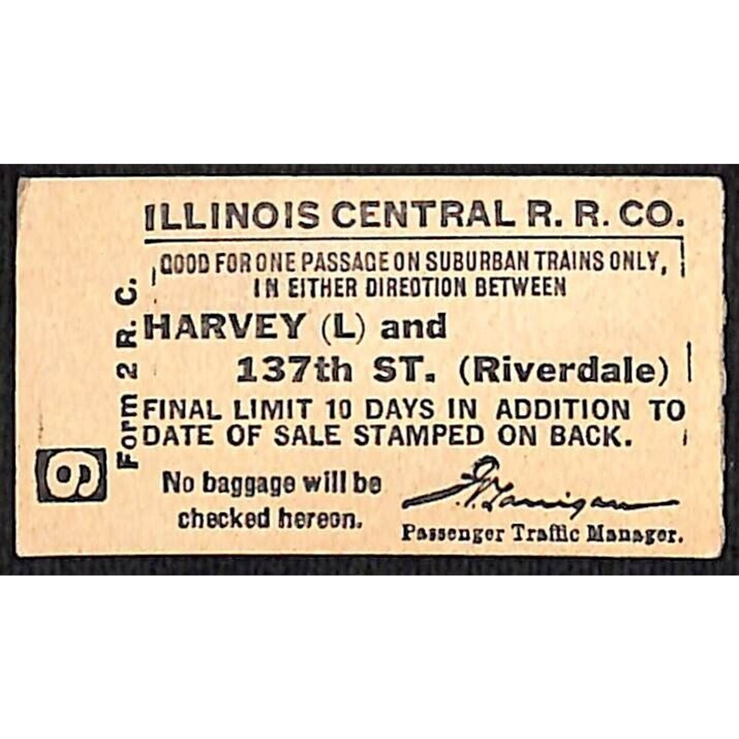 Illinois Central Railroad Unused Ticket Harvey (L) and 137th St. (Riverdale) #9