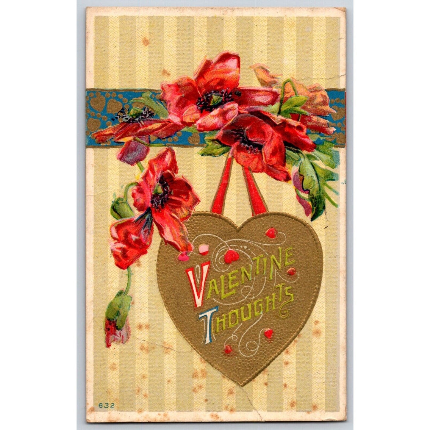 Valentine's Day Postcard "Greeting" Embossed Heart Floral PM 1917