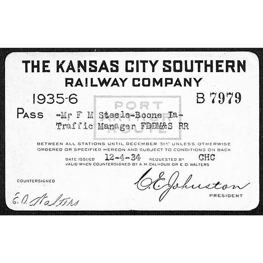 1935 -1936 Kansas City Southern Railway Company Railroad Yearly Pass B 7979