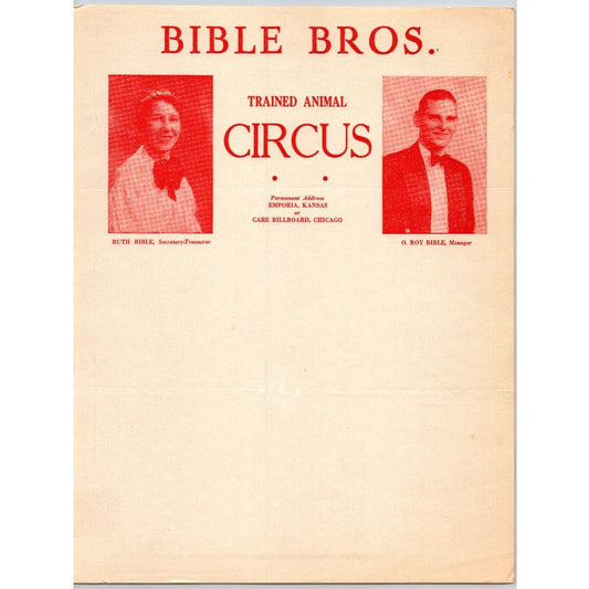 Bible Bros. Trained Animal Circus Letterhead c1937 Real Photo Emporia, KS Scarce
