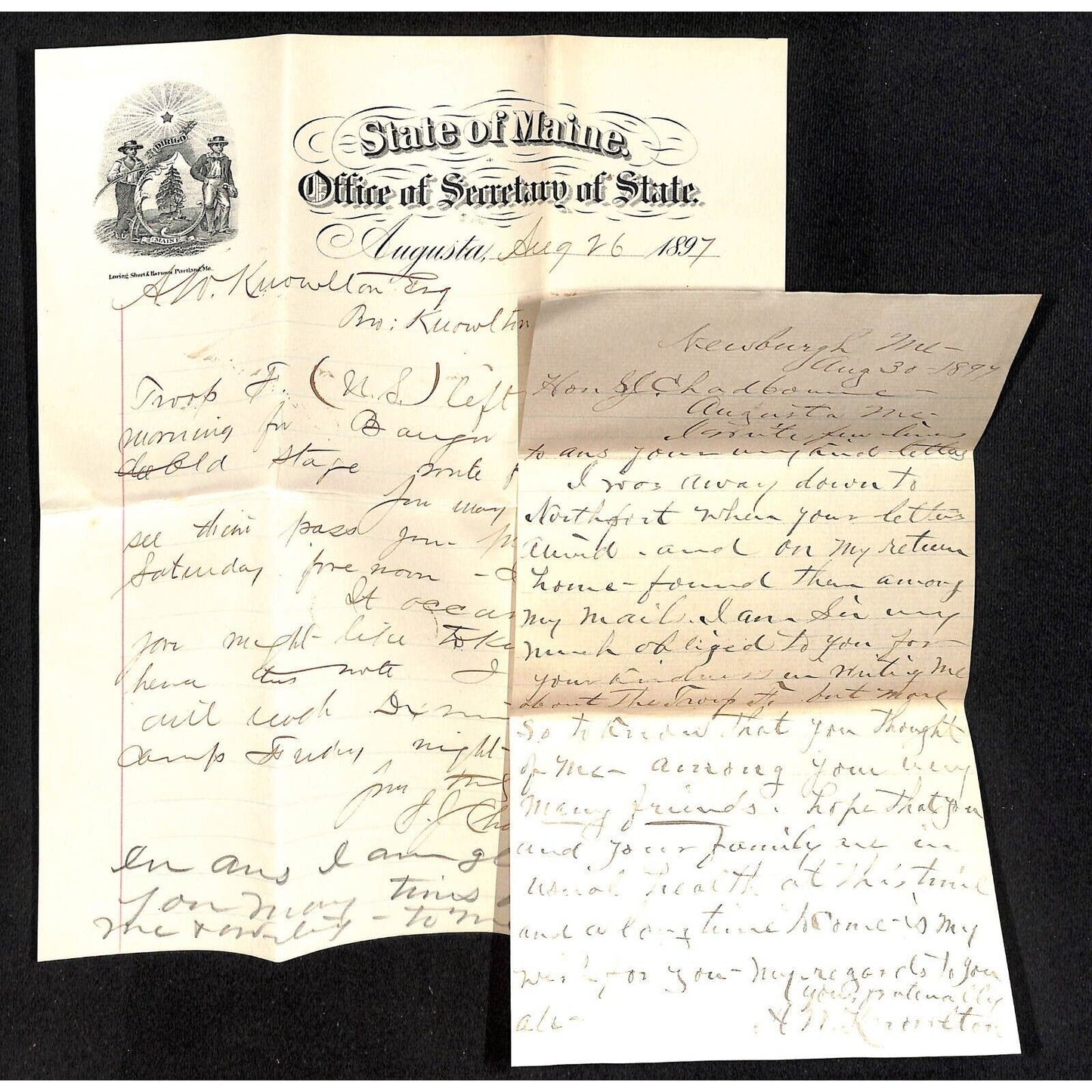 Bangor & Newburg, ME Amos W. Knowlton* 1897 Secretary of State Letterhead & ALS