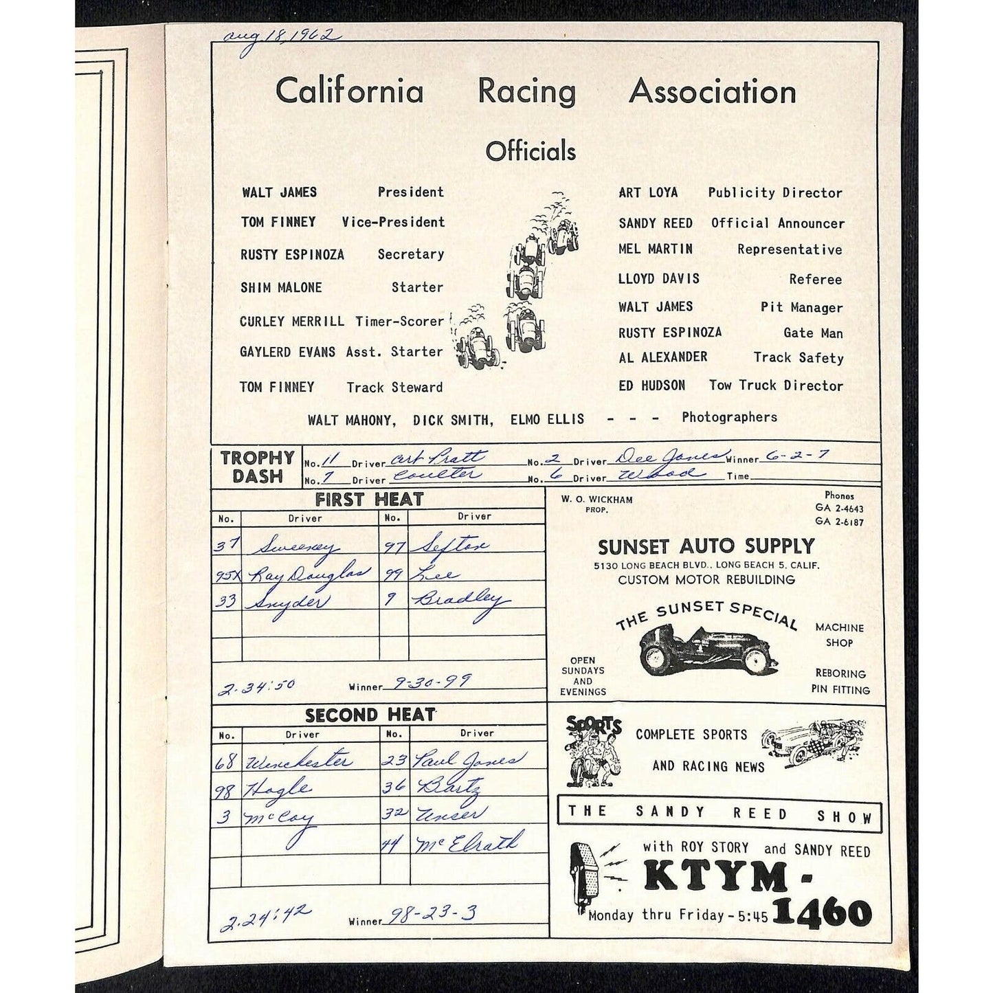 Scarce Aug 18 1962 CRA Big Car Races Auto Racing Program Ascot Bob Coulter 8pp.