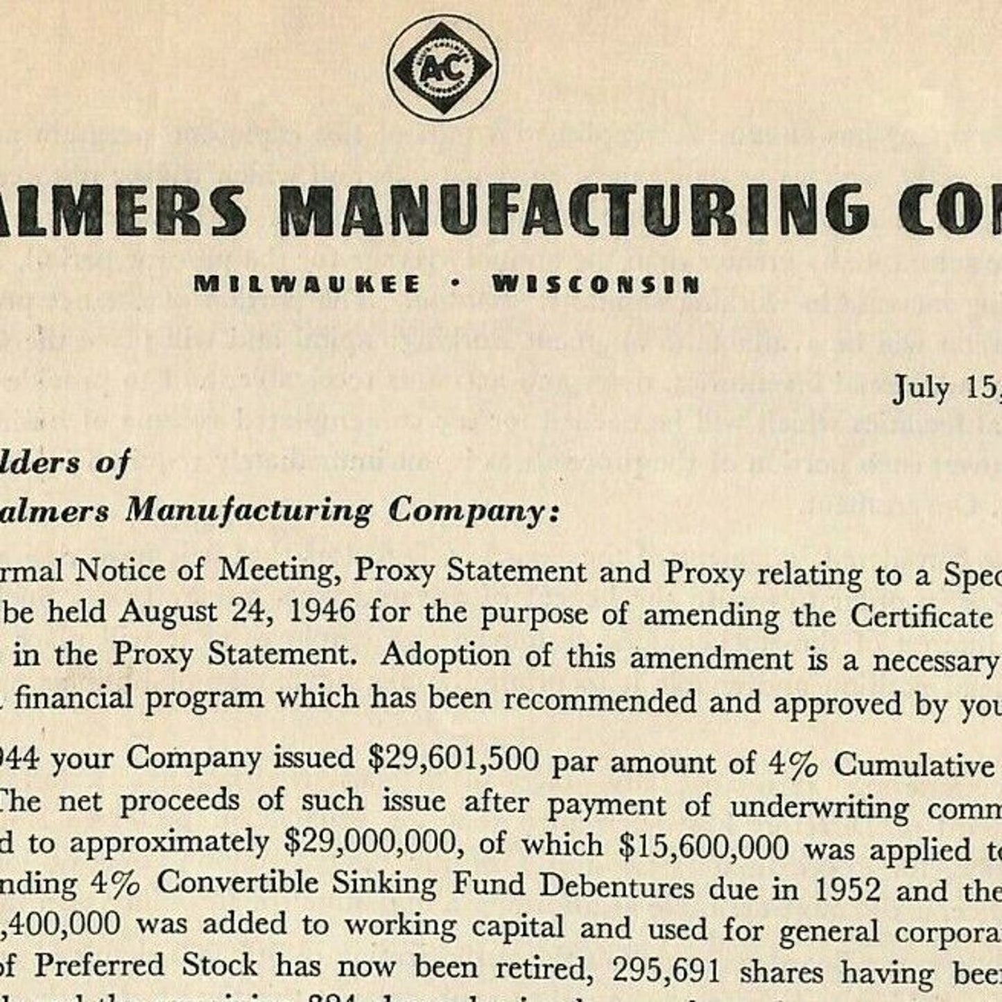 Allis-Chalmers 1946 Financial Statement 38pp VGC / EXC