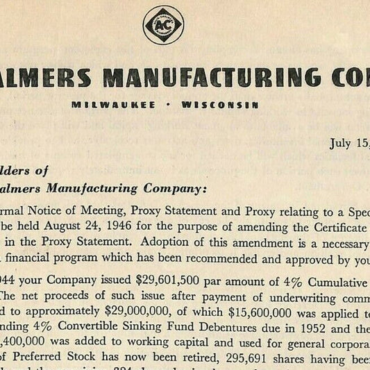 Allis-Chalmers 1946 Financial Statement 38pp VGC / EXC