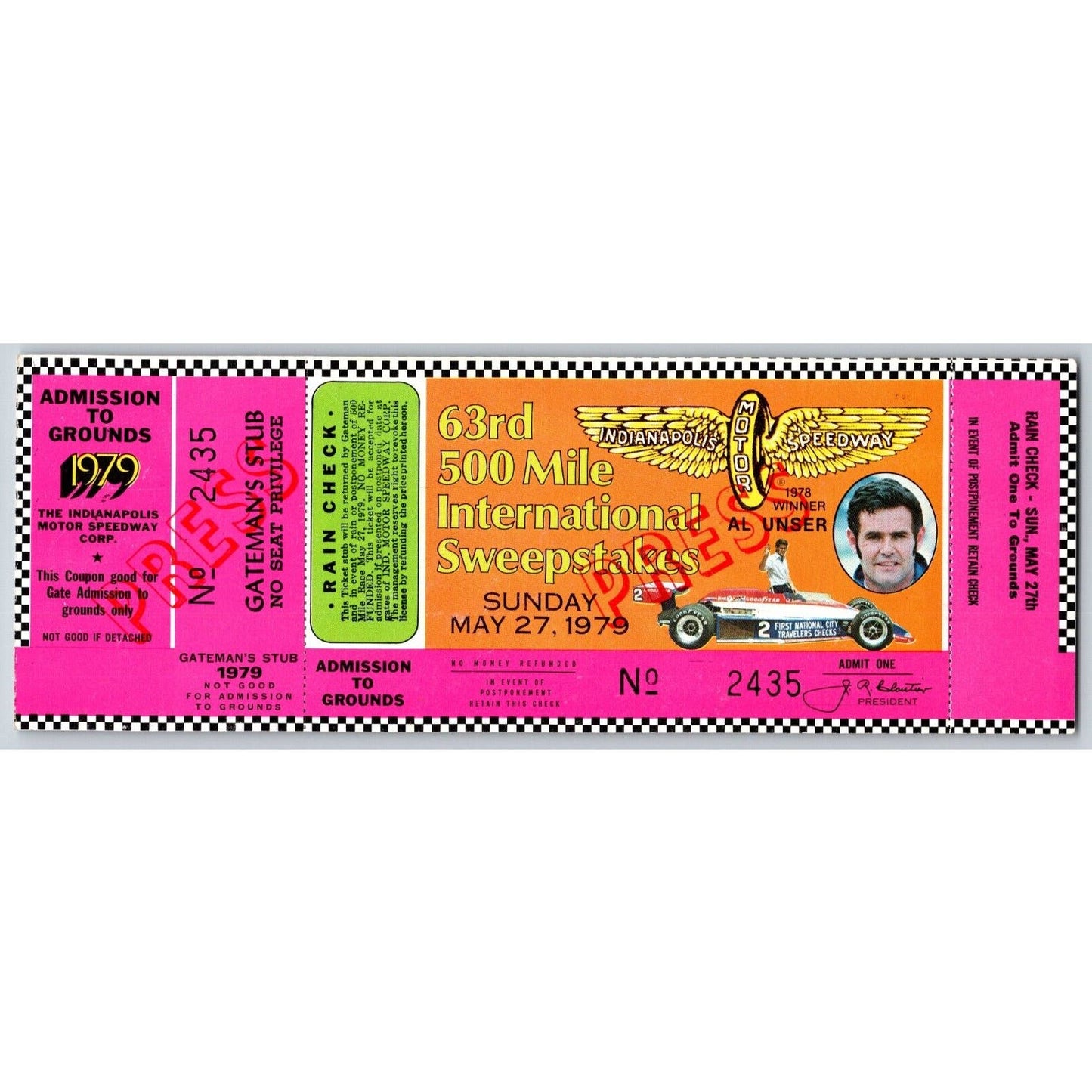 1979 Indianapolis 500 Full "Press" Ticket w/ Al Unser Racing IMS #2435