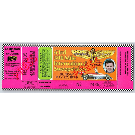 1979 Indianapolis 500 Full "Press" Ticket w/ Al Unser Racing IMS #2435