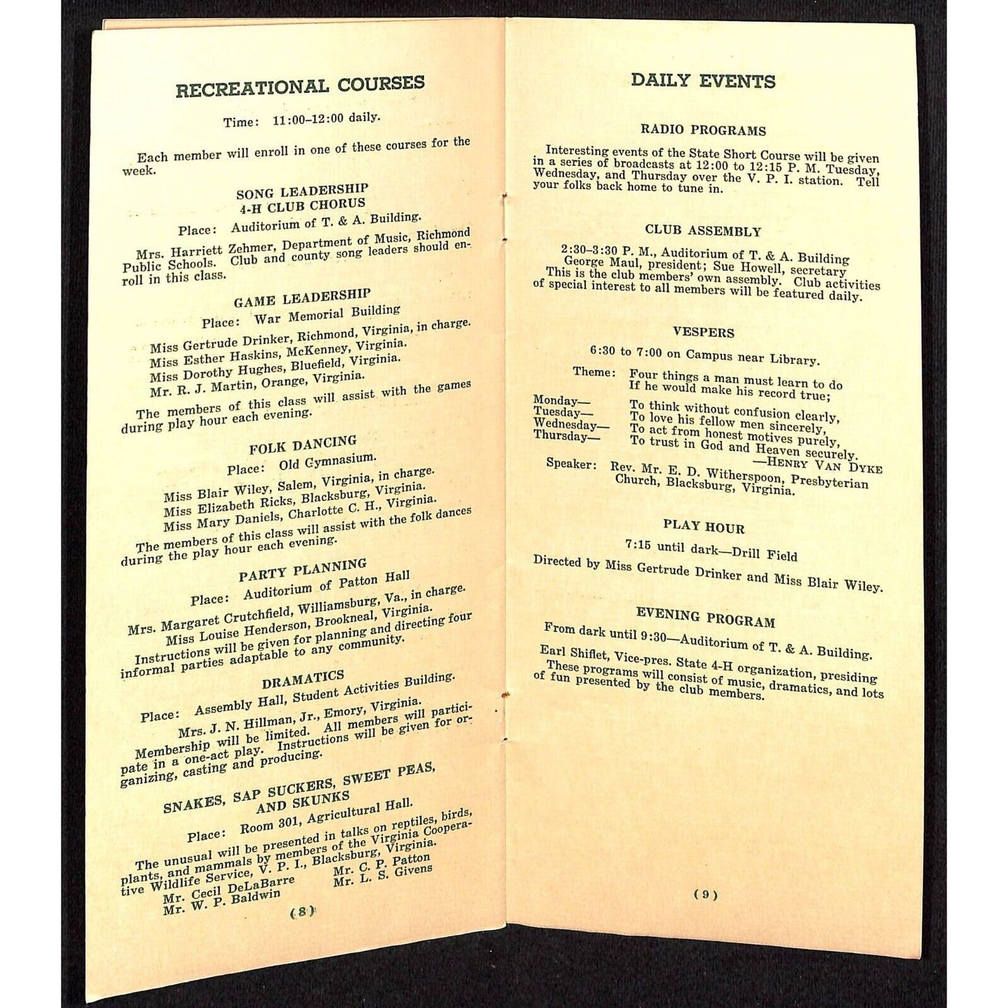 Blacksburg, VA State 4-H Club Short Course Brochure 11pp VGC