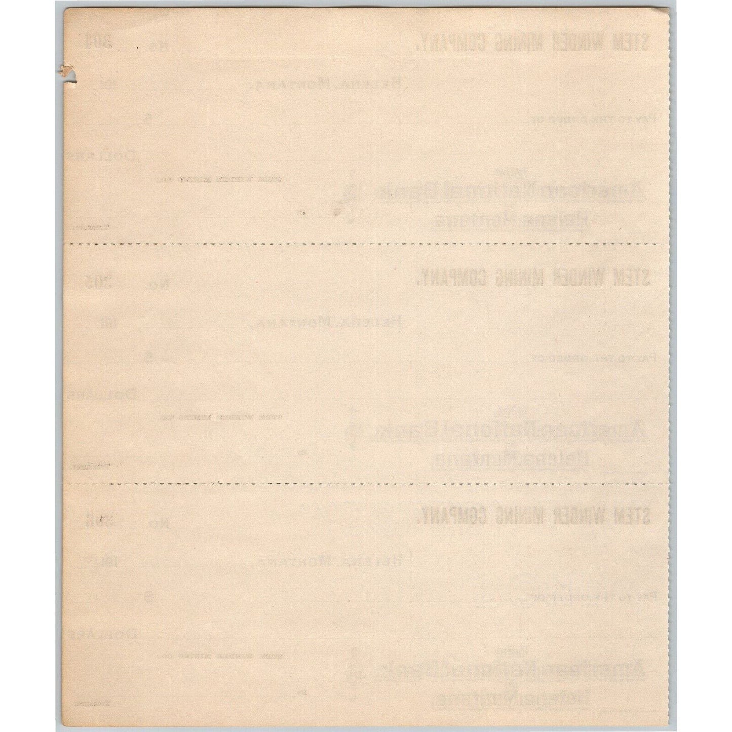Helena, MT Stem Winder Mining Co. American National Bank Check Sheet - 1910