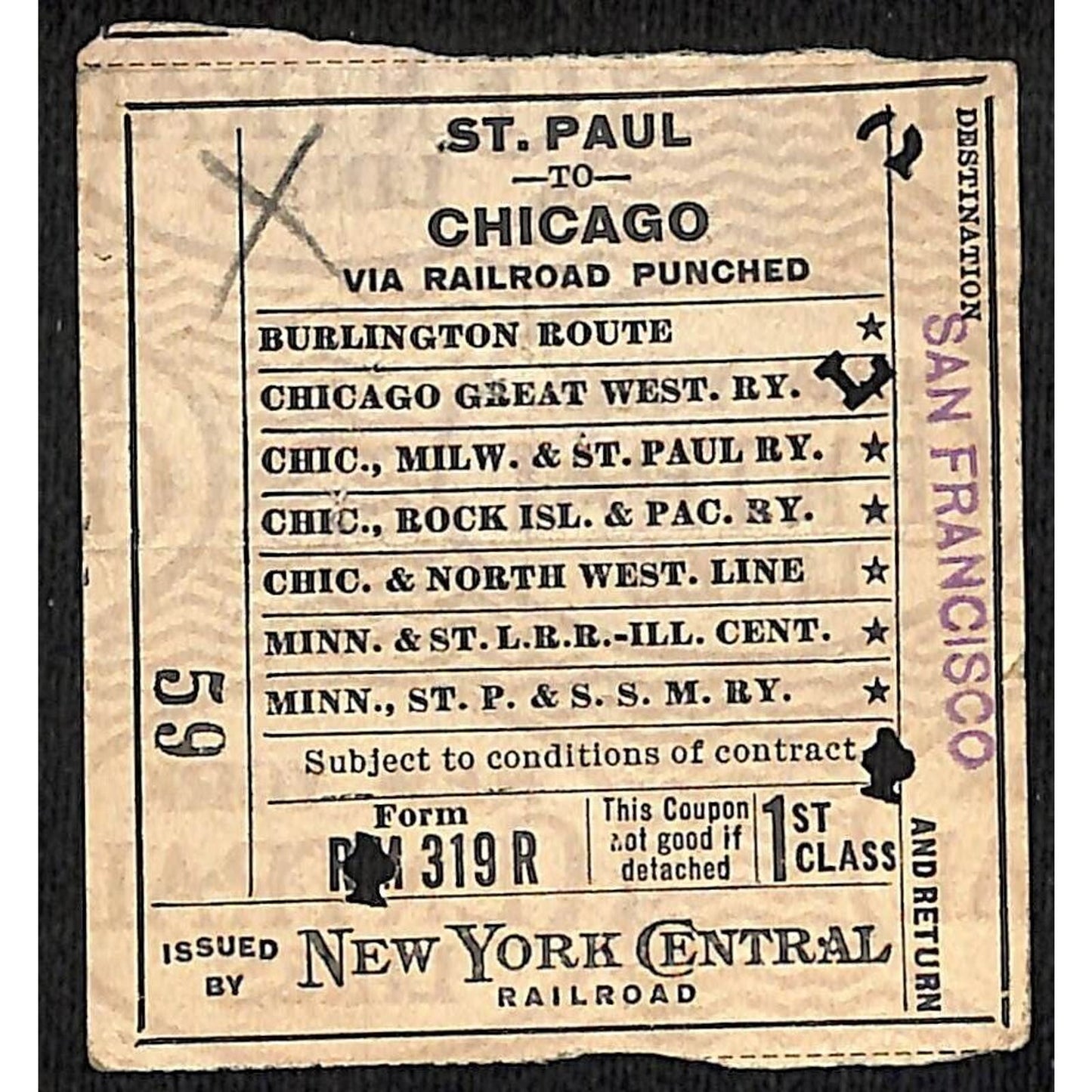 New York Central Railroad 1915 Ticket St. Paul to Chicago #59