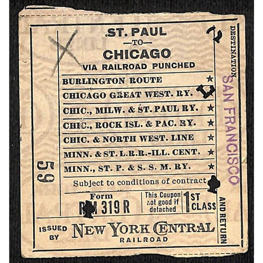 New York Central Railroad 1915 Ticket St. Paul to Chicago #59