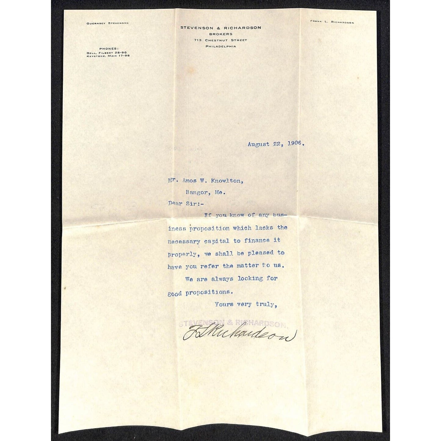 Newburgh ME Amos W. Knowlton* 1906 Phila. Stevenson & Richardson Brokers LH