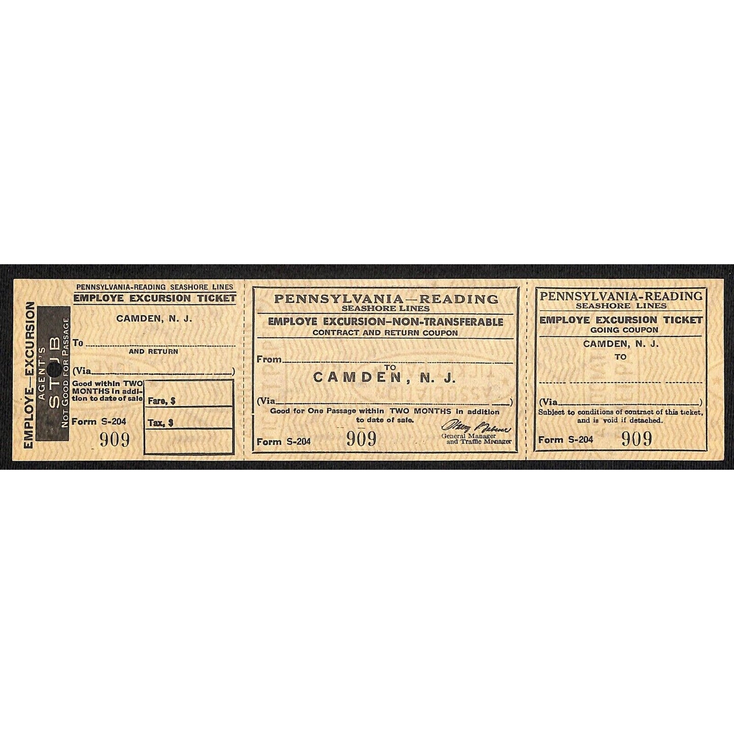 Pennsylvania - Reading Seashore Lines "Employe" Excursion SAMPLE Coupon Ticket