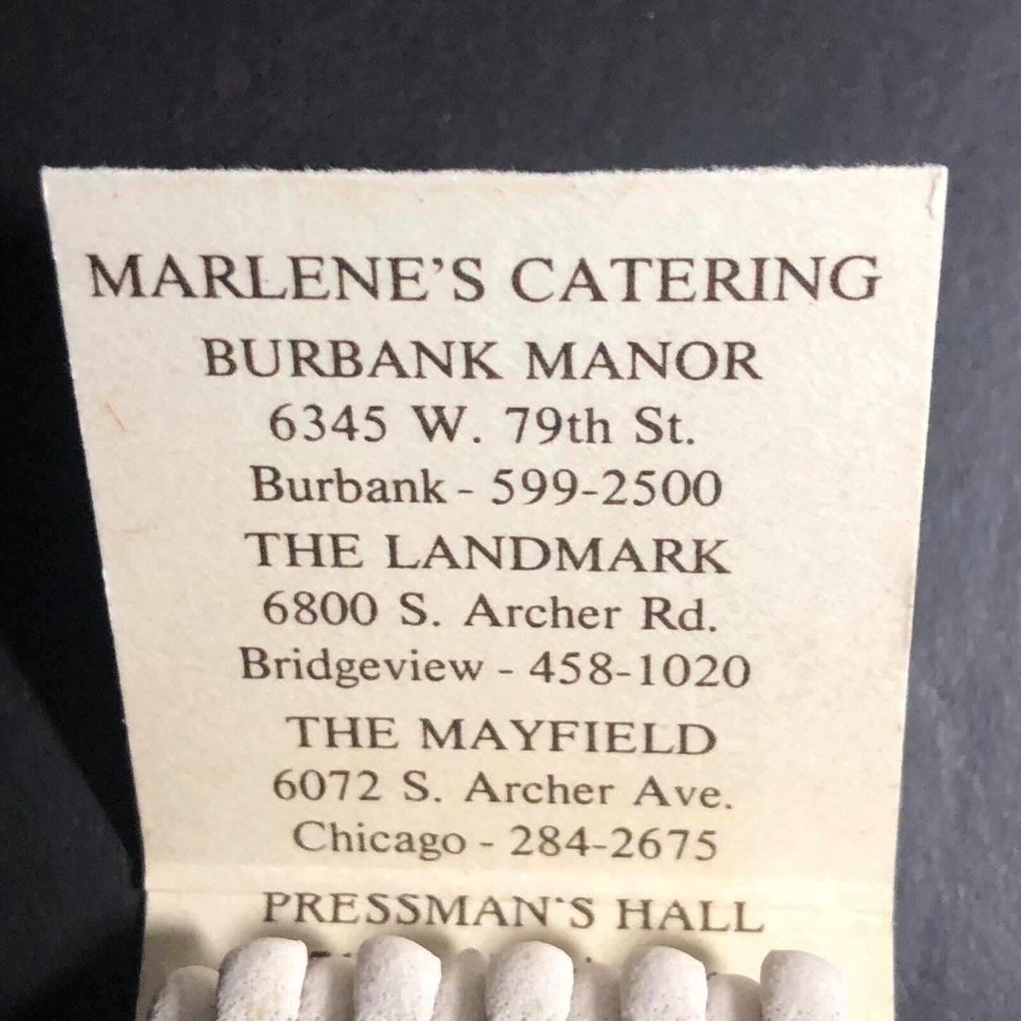 Burbank Manor Restaurant Illinois Full Matchbook c1974-84