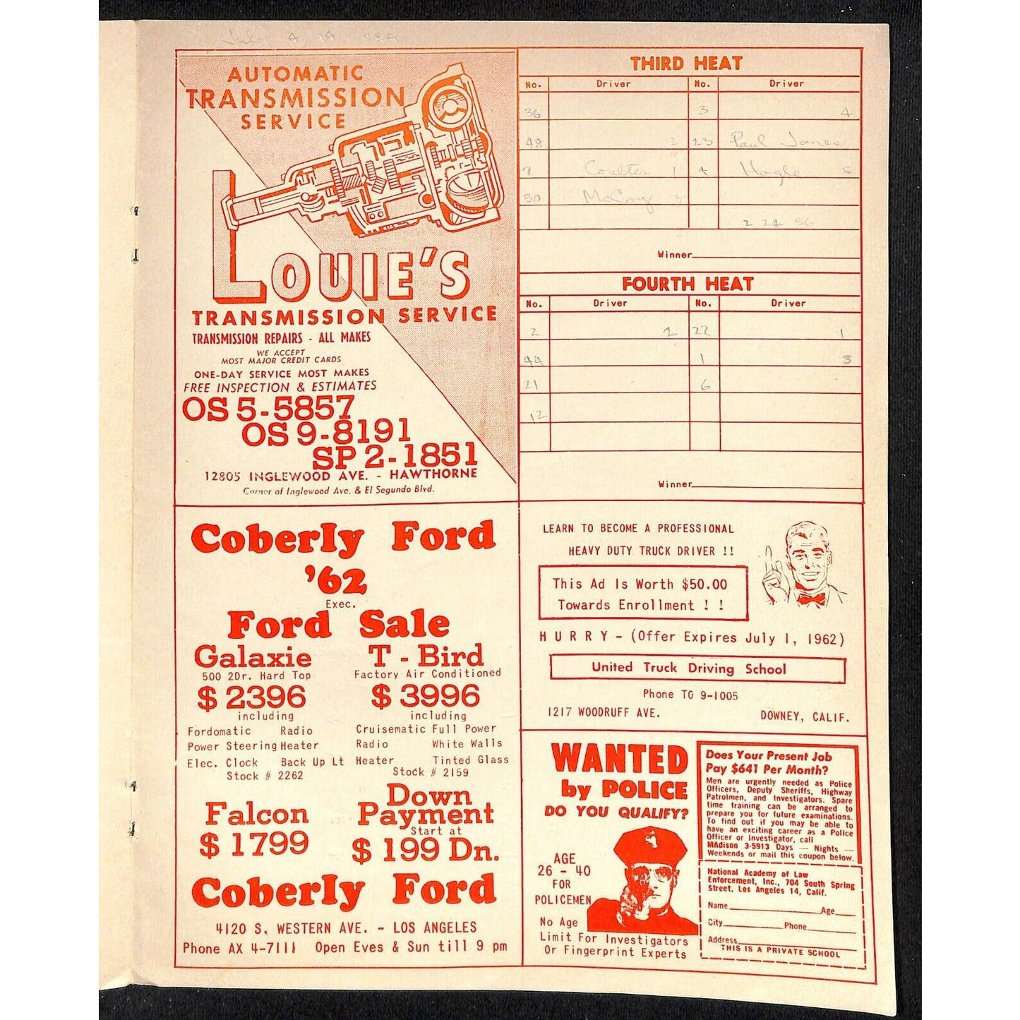 Scarce Jun 23 1962 CRA Big Car Races Auto Racing Program Ascot Park Gardena