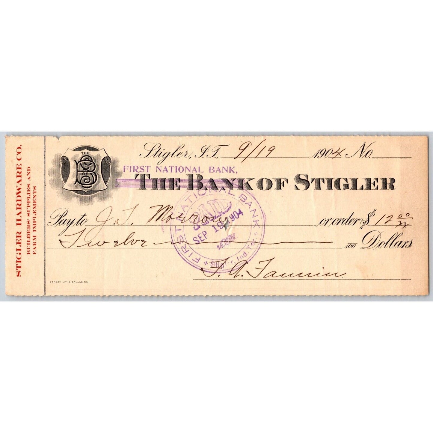 Stigler, Oklahoma Indian Territory 1904 Bank Check - Stigler Hardware Co.