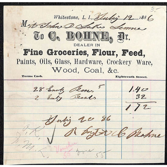 Whitestone, L.I, NY C. Bohne Fine Groceries Flour Feed Hardware - 1886 Billhead