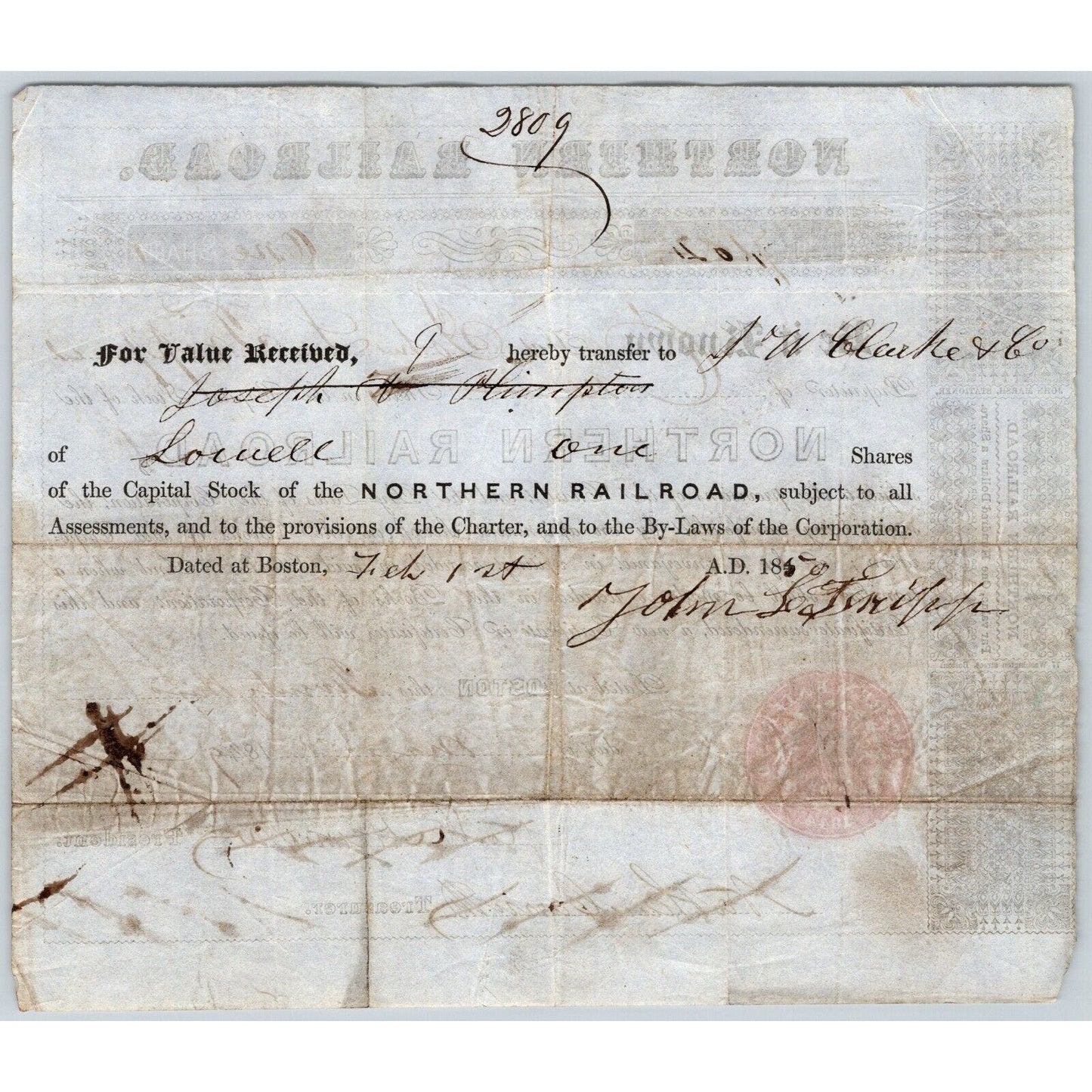1849 Boston, MA Northern Railroad Stock Certificate No. 7102 ? for 1 Share