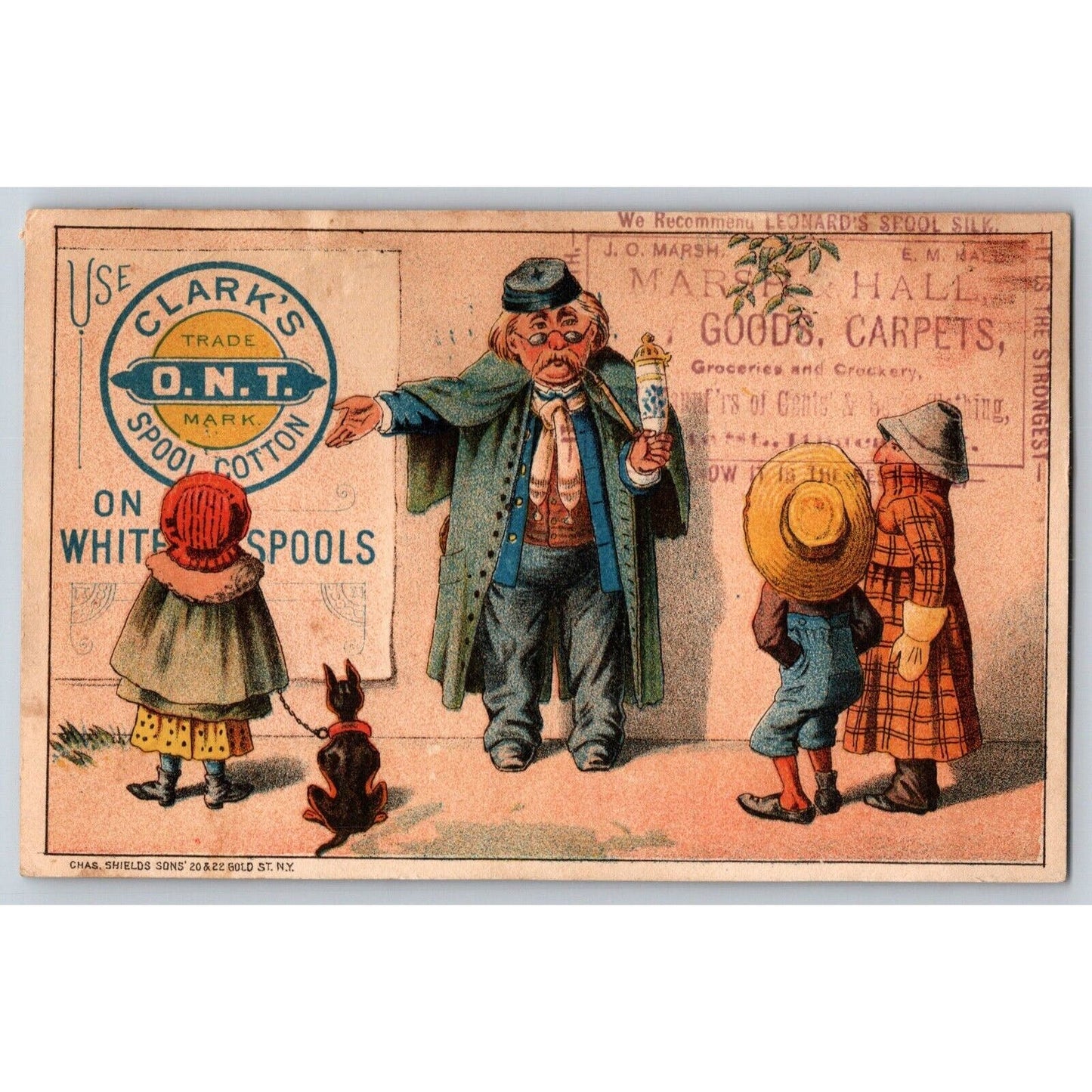Marsh & Hall Ithaca, NY Dry Goods Victorian Trade Card Kids Read Posted Bill