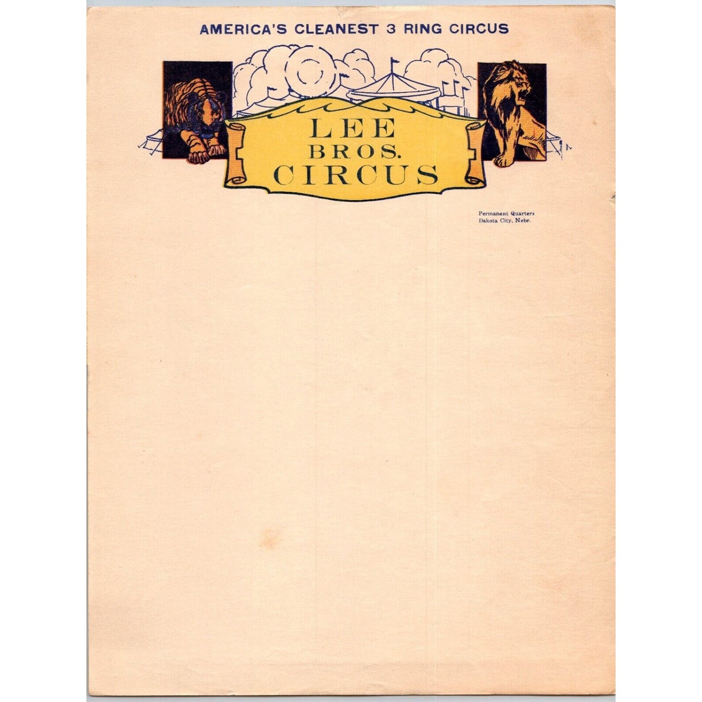 Lee Brothers Circus Letterhead c1934 "America's Cleanest 3 Ring Circus" Scarce