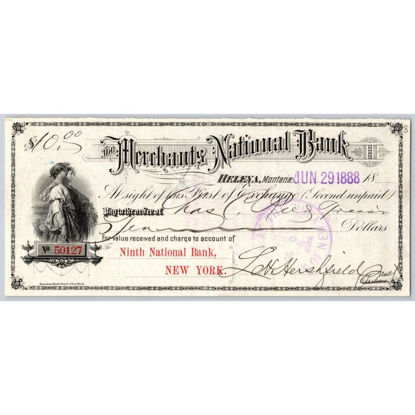 Helena Montana Merchants National Bank Check 1888 Ninth New York w/ Vignette