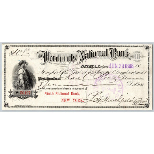 Helena Montana Merchants National Bank Check 1888 Ninth New York w/ Vignette