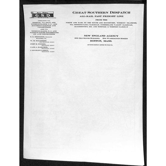 Great Southern Despatch Railroad Freight Line Boston Letterhead Sheet w/ Map