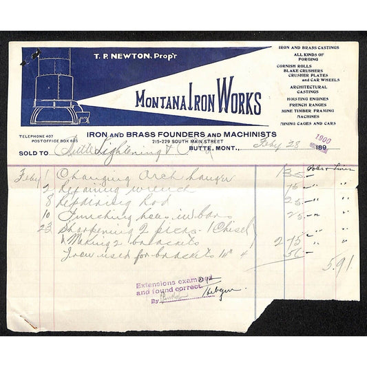 Butte, MT Montana Iron Works Iron Brass Founders Machinists 1900 Billhead