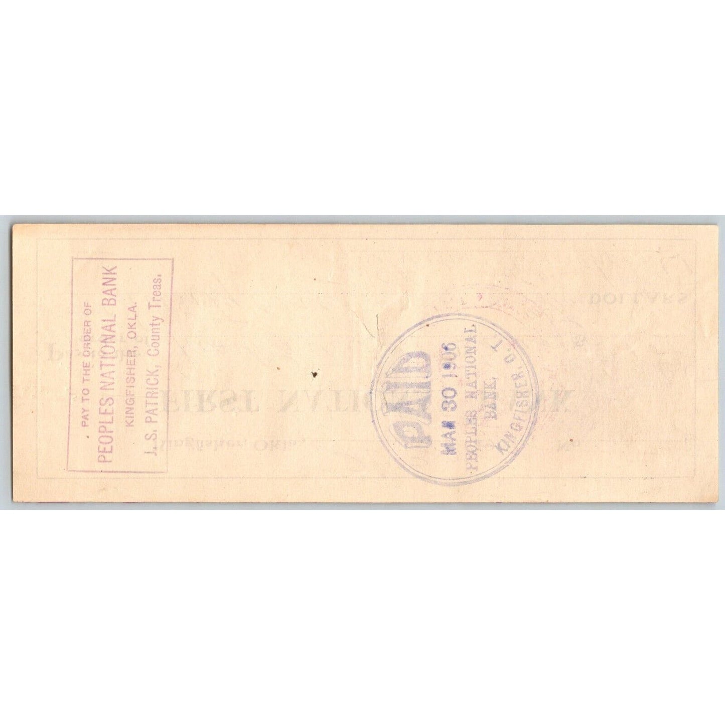 Kingfisher, Oklahoma Territorial 1906 "First National Bank" Check - Scarce