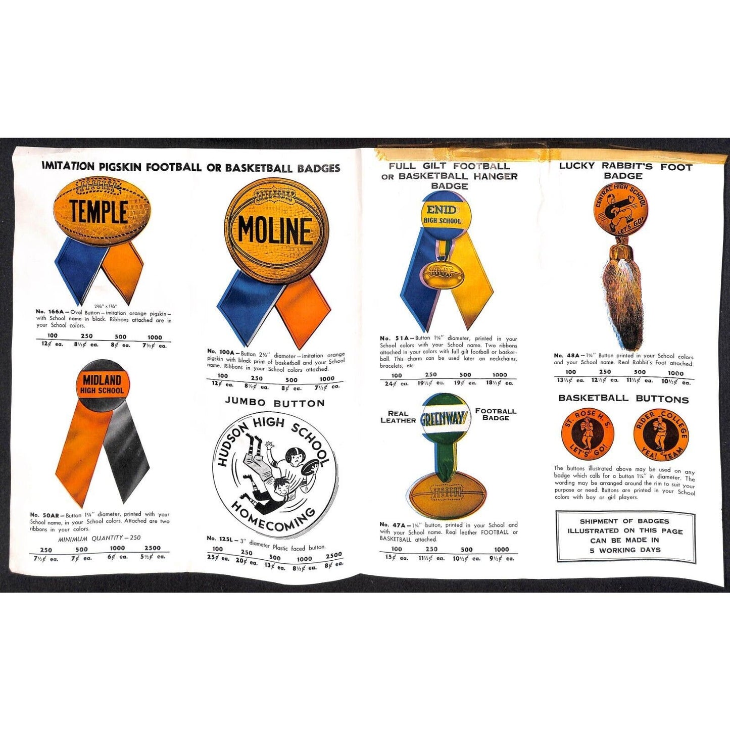 1954 Philadelphia Badge Co. School Sports Pennant Button Ribbon Flyer Sheet