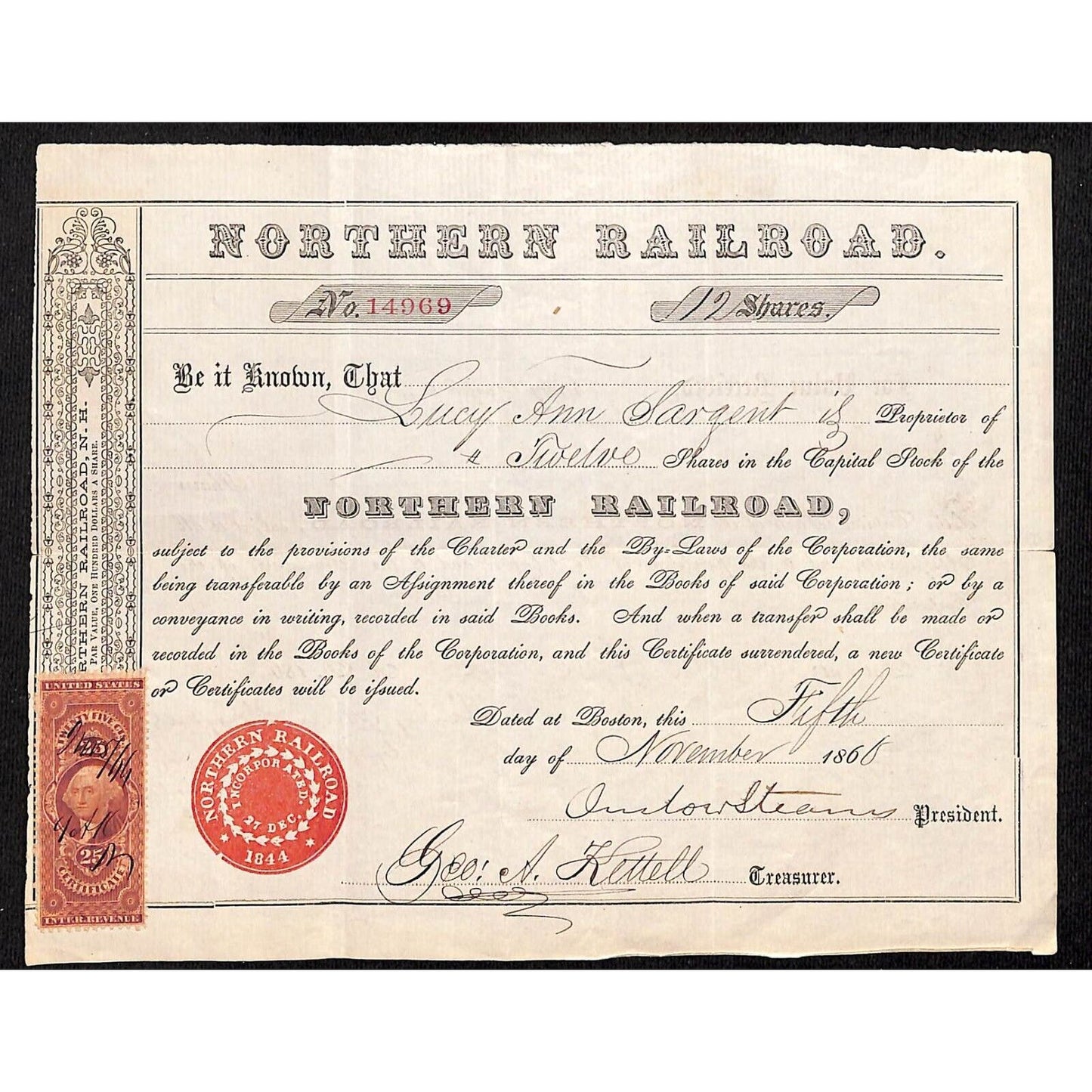 1868 Northern Railroad Stock Certificate w/ 25c Rev Stamp "Lucy Ann Sargent"