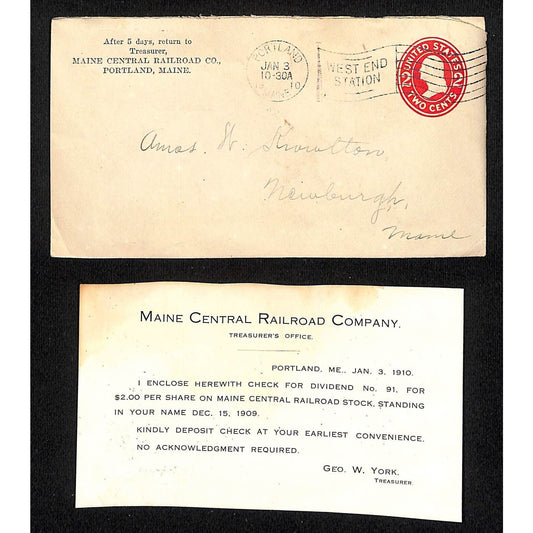 Newburg, ME Amos W. Knowlton* 1910 Maine Central Railroad Dividend Check Notice