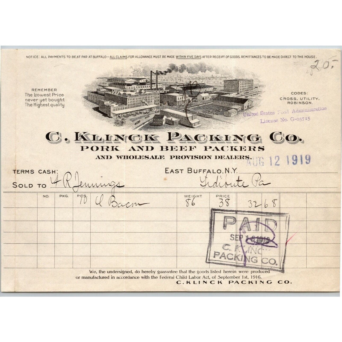 C. Klinck Packing Co. 1919 Letterhead East Buffalo, NY Pork Beef Provisions