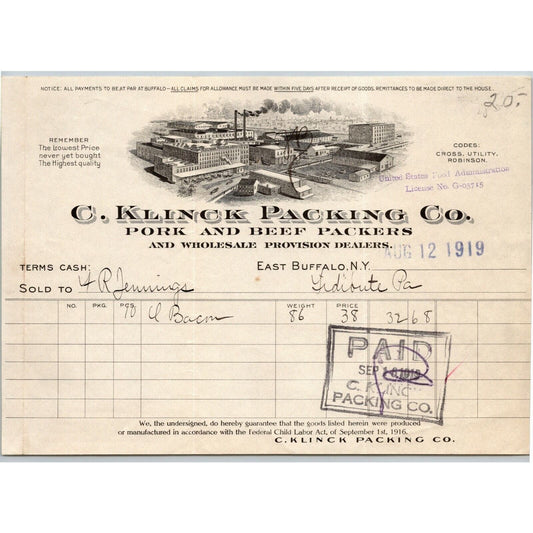C. Klinck Packing Co. 1919 Letterhead East Buffalo, NY Pork Beef Provisions