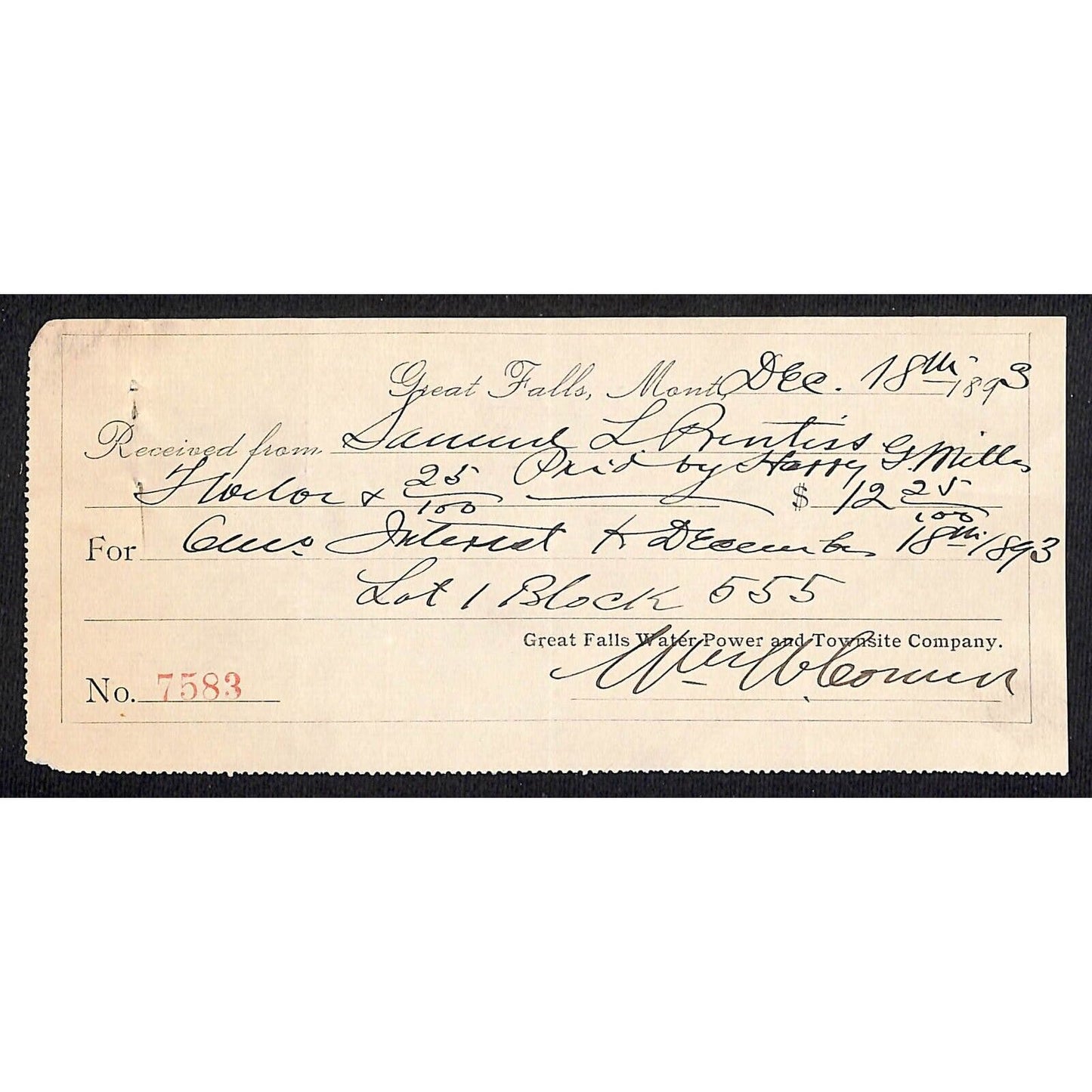 Great Falls Montana Water-Power and Townsite Co. Receipt 1893 $12.25