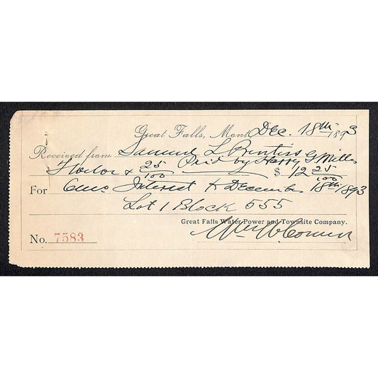 Great Falls Montana Water-Power and Townsite Co. Receipt 1893 $12.25
