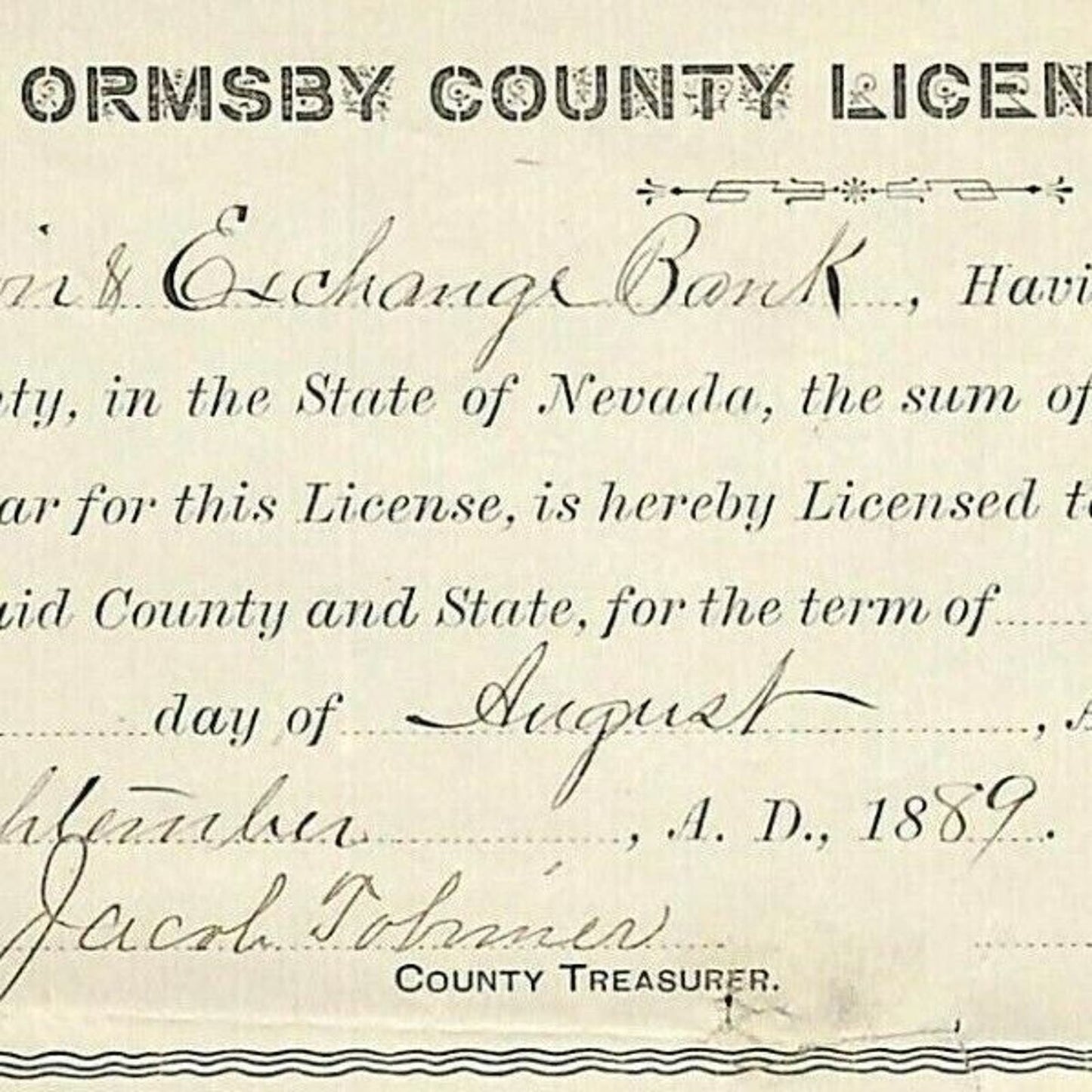 Vintage 1889 Ormsby County Banking License Bullion & Exchange Bank - Mining Doc.