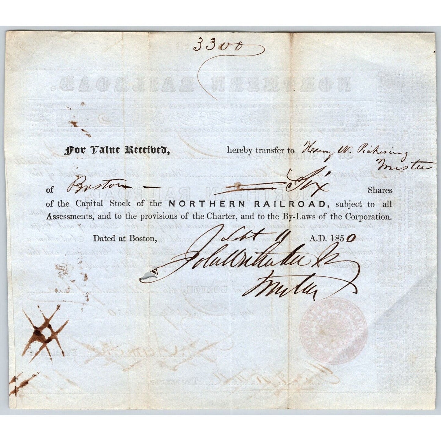 1850 Boston, MA Northern Railroad Stock Certificate No. 7834 for 5 Shares