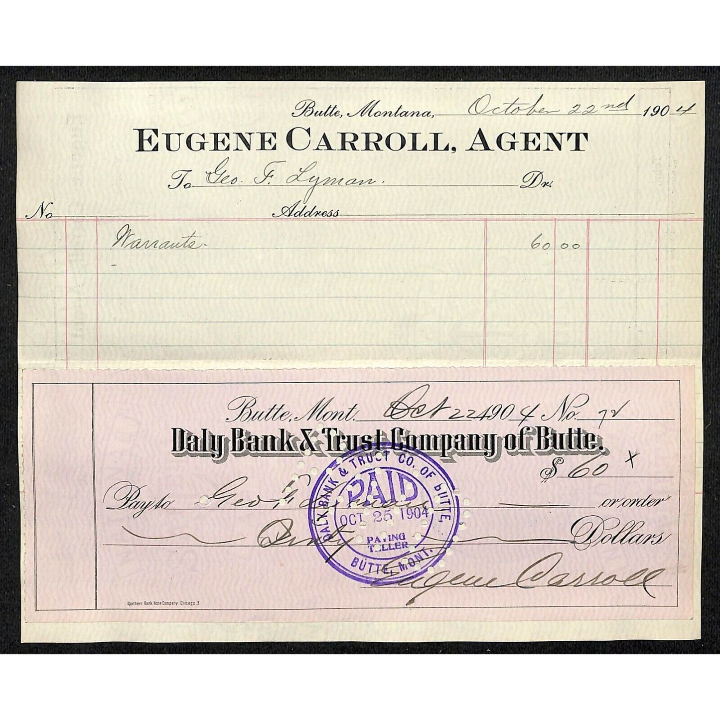 1904 Check Daly Bank & Trust Co. Butte, MT Eugene Carroll to George F. Lyman