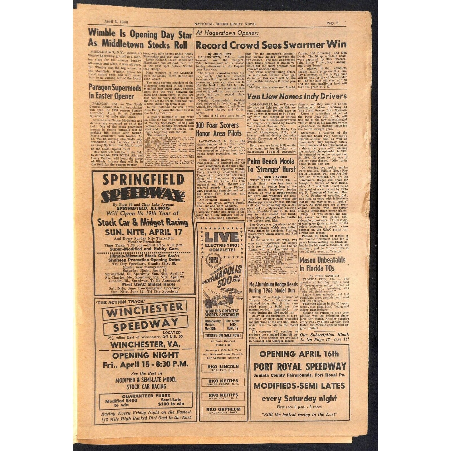 National Speed Sport News 4/6 1966 David Pearson Wins Hickory 250 Racing 15pp