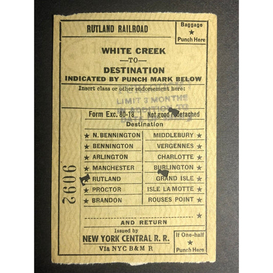 1953 Rutland Railroad / NY Central RR "White Creek to" Check / Ticket #9092