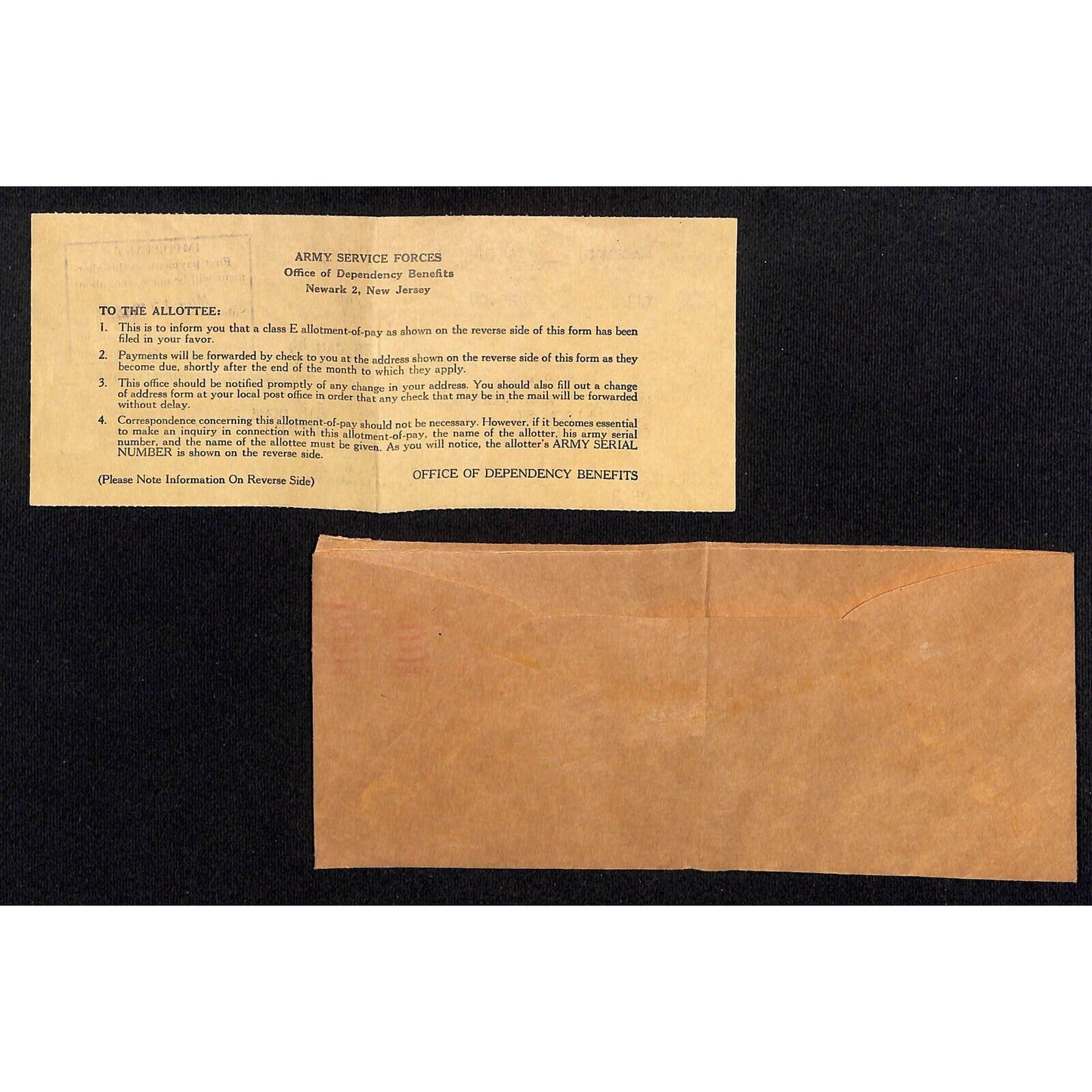 WWII War Dept. "Office of Dependency Benefits" Statement / Cover "Dubberke"