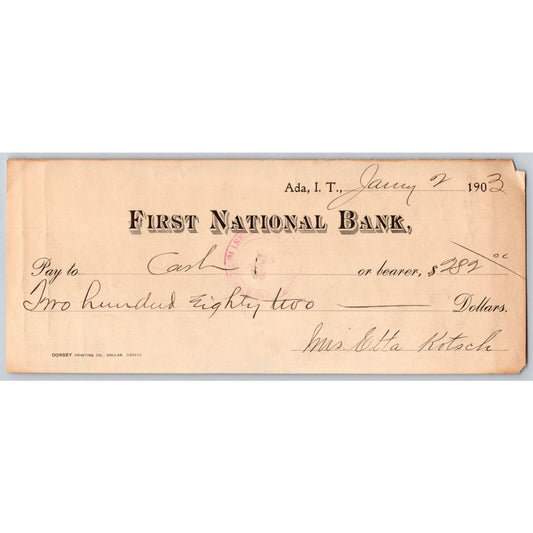Ada, Oklahoma 1903 Indian Territory First National Bank Check - Scarce