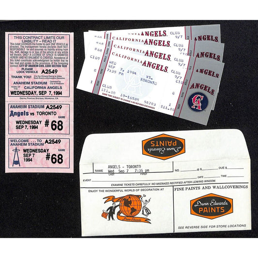 California Angels Tickets - 4 Unused 9/7/94 Strike - Game Not Played
