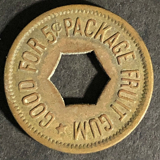 "Good For 5c Package Fruit Gum" Token (Watling Mfg Chicago) Hexagon Cut 21.25mm